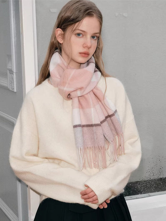 Pink Plaid 100% Lambswool Scarf with Fringe