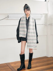 Soft Fair Isle Style Geometric Knit Scarf Grey Pink