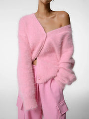 Faux Mink V-Neck Cardigan - View 16 | TEVQA