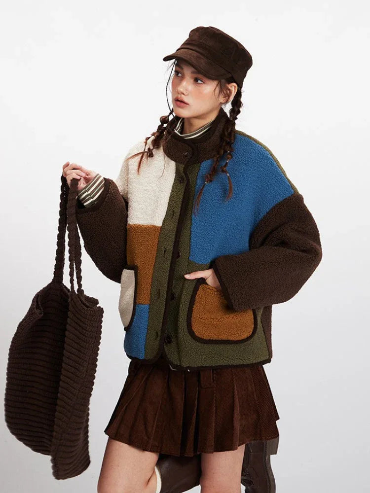 Close-up front view of a woman wearing a colorblock fleece jacket, holding a brown tote bag