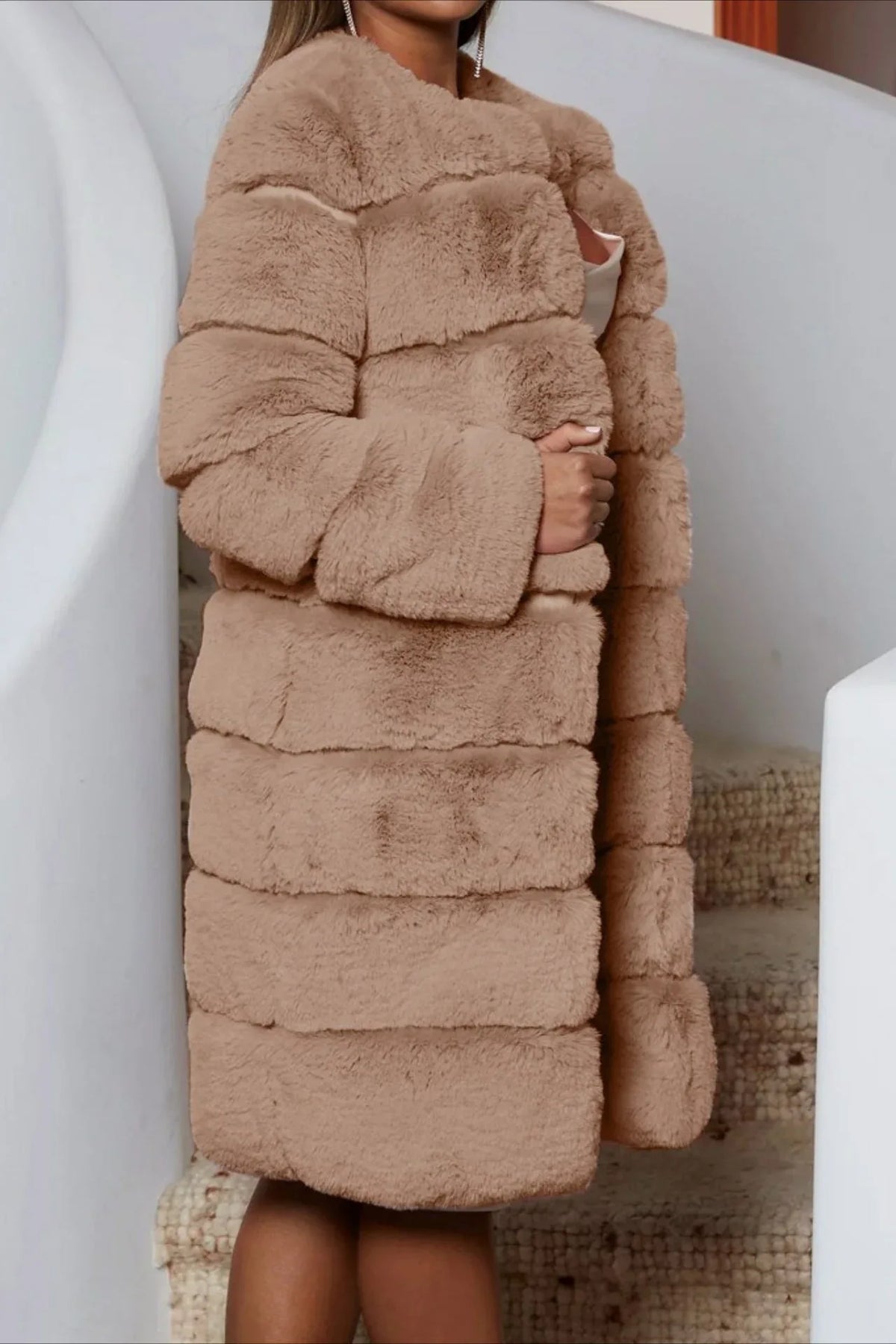 Elegant grey tiered faux fur long coat - View 10 | TEVQA