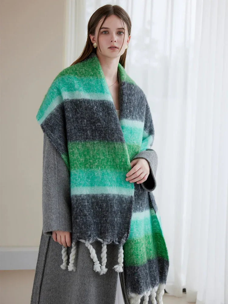 Oversized Monochrome Striped Tassel Shawl - View 9 | TEVQA