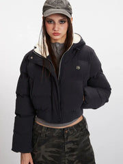 Textured Cropped Hooded Puffer Jacket - TEVQA