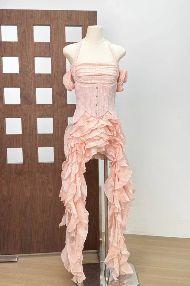 Ivria Halterneck Ruffled Draped Dress - View 7 | TEVQA