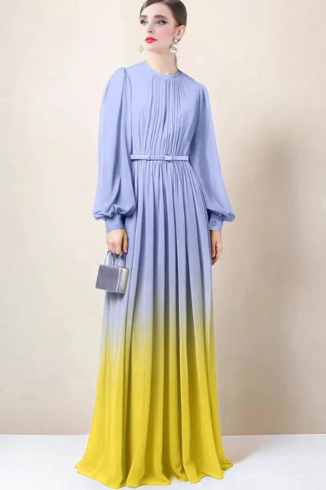 Long sleeve gradient maxi dress with belt - View 9 | TEVQA