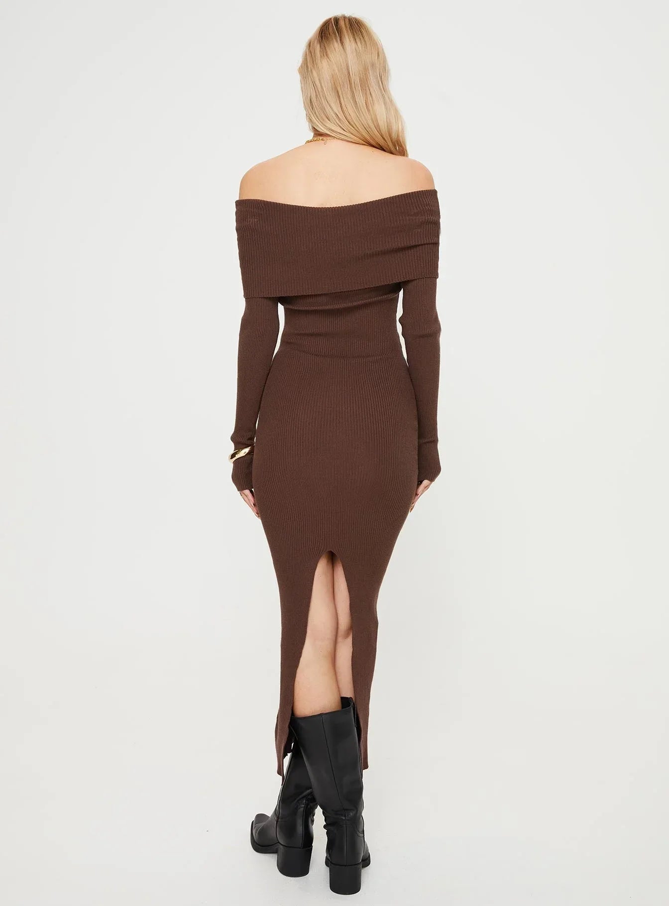 Phylis Chocolate Ribbed Off-Shoulder Knit Maxi Dress - Long Sleeve Bodycon Sweater Gown - TEVQA
