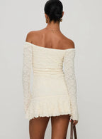 Vancesca Cream Textured Off-Shoulder Mini Dress - Ruffle Hem Long Sleeve Bodycon - TEVQA