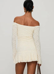Vancesca Cream Textured Off-Shoulder Mini Dress - Ruffle Hem Long Sleeve Bodycon - TEVQA