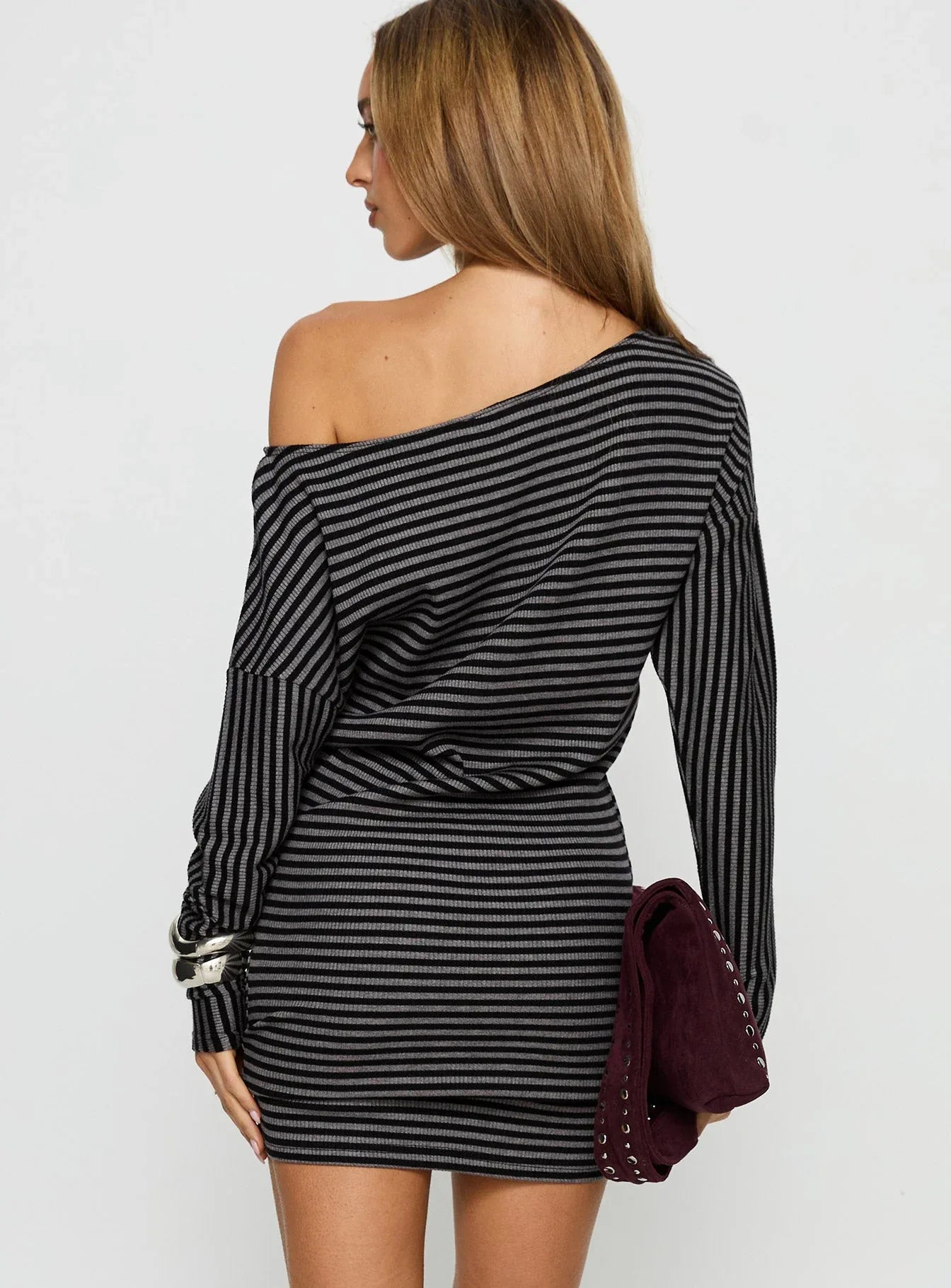 Alayne Black & Grey Striped Off-Shoulder Knit Mini Dress - Long Sleeve Slouchy Casual Tunic - TEVQA