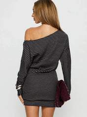 Alayne Black & Grey Striped Off-Shoulder Knit Mini Dress - Long Sleeve Slouchy Casual Tunic - TEVQA