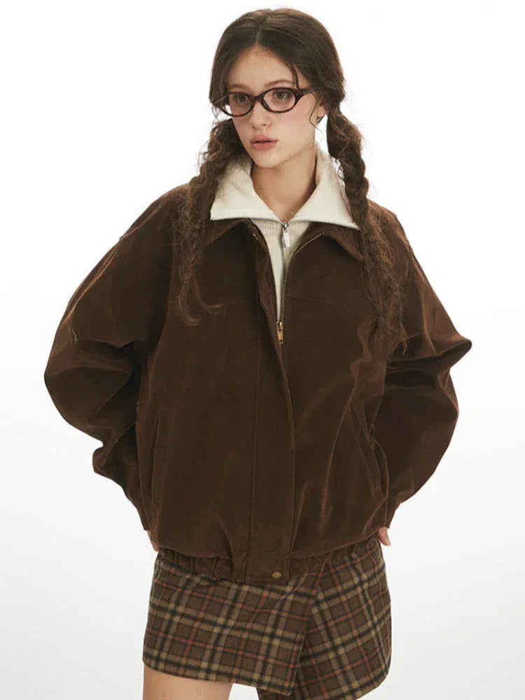 Vintage Chocolate Brown Suede Bomber Jacket - TEVQA