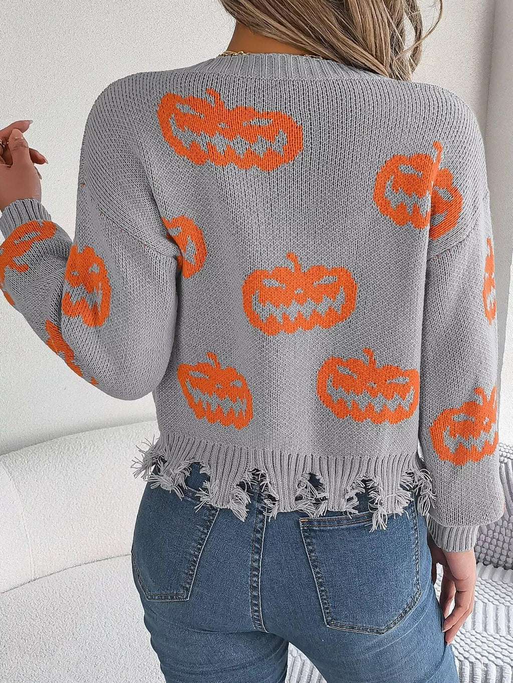 Distressed Pumpkin Knit Sweater - View 12 | TEVQA