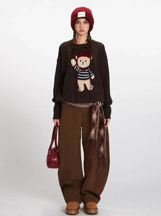 Vintage Brown Bear Graphic Knit Sweater - TEVQA