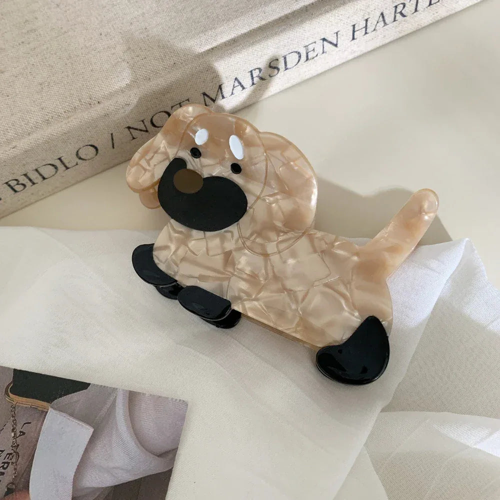 Dachshund dog shaped hair claw clip made from brown and beige cellulose acetate. - View 6 | TEVQA