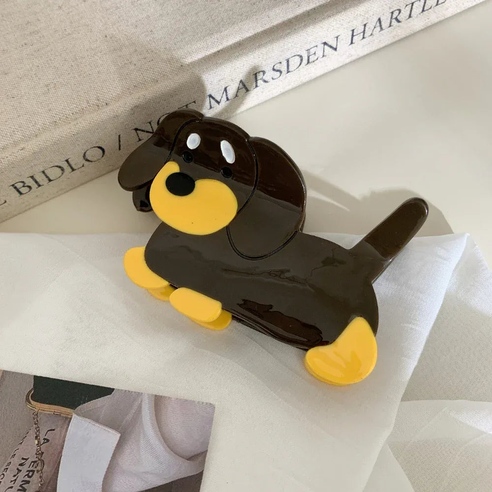 Dachshund dog shaped hair claw clip made from brown and beige cellulose acetate. - View 7 | TEVQA