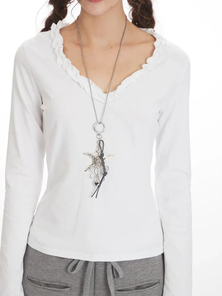 Coquette Long Sleeve V-Neck Top with Lettuce Trim - View 6 | TEVQA