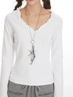 Coquette Long Sleeve V-Neck Top with Lettuce Trim - View 6 | TEVQA