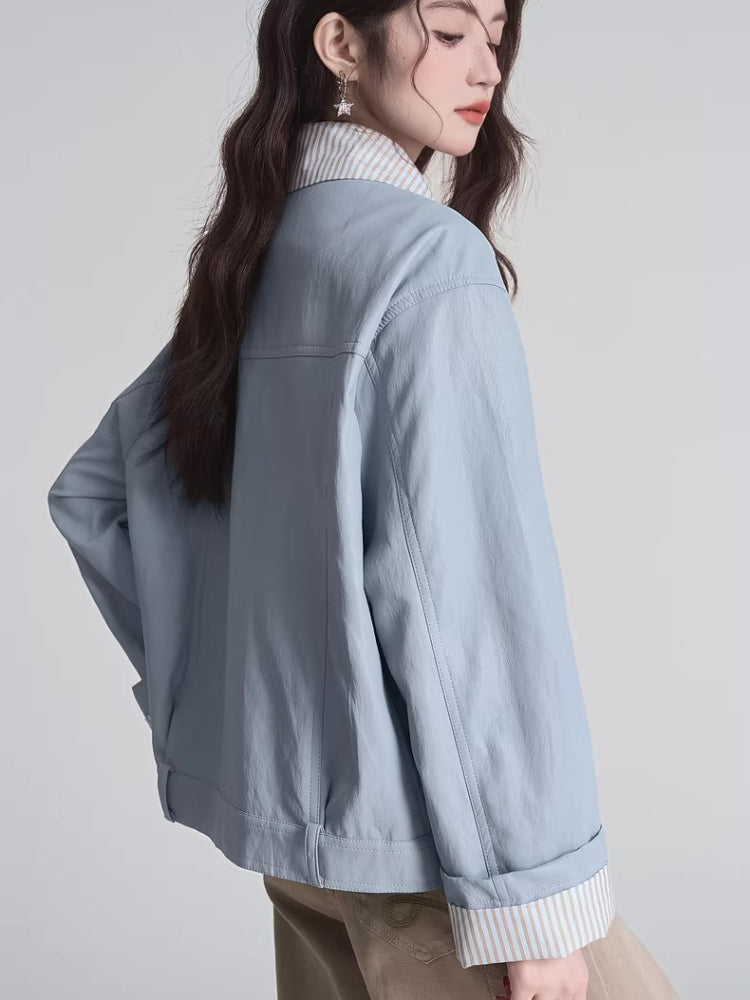 Layered Look Faux Leather Jacket Light Blue