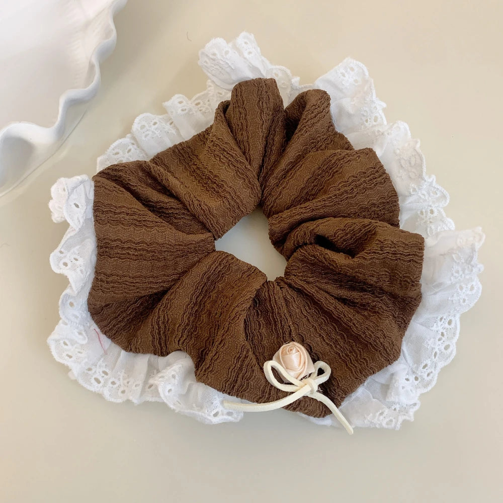 Oversized Lace Trim Coquette Scrunchie with Rosebud