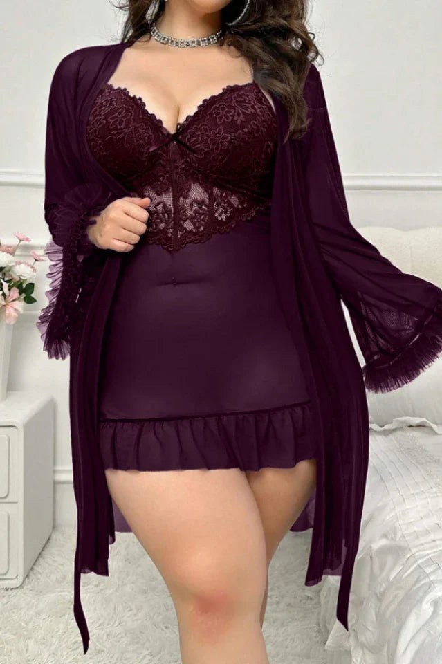 Plus Size Plum Mesh Robe & Lace Chemise Set, 2-Piece Peignoir Sleepwear - Sexy Lingerie