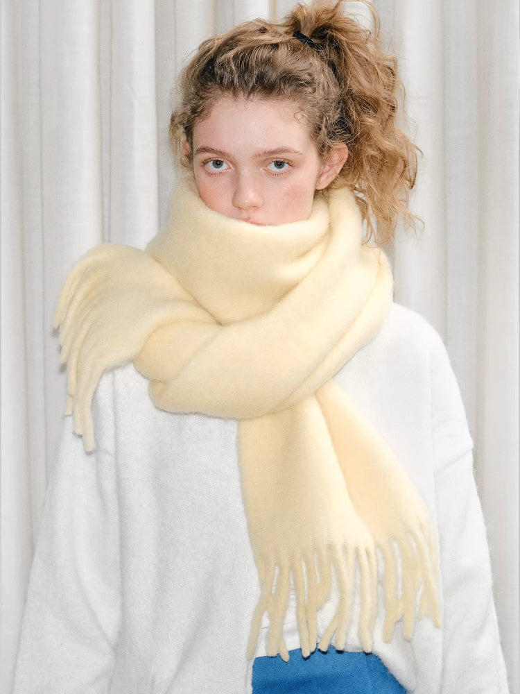 Wool Blend Tassel Scarf Cream Yellow Winter Shawl