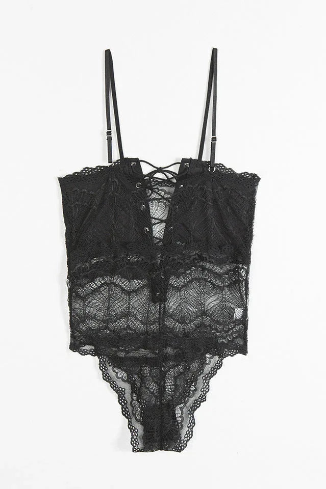 Lace Bodysuit with Front Lace-Up Detail - View 11 | TEVQA