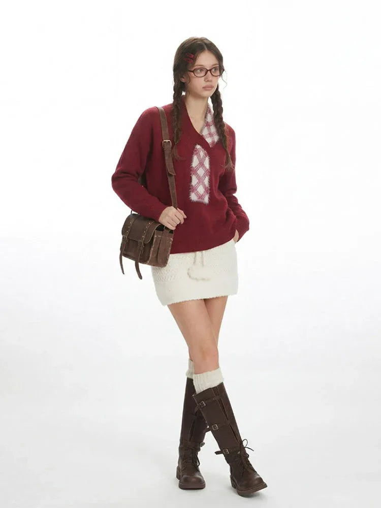 Woman stands with one hand on hip, wearing a burgundy v-neck sweater with a white plaid detail, a white textured mini skirt, white knee-high socks, and brown buckled boots, carrying a brown crossbody bag.