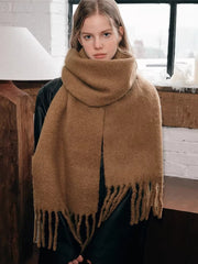 Solid Red Fuzzy Knit Scarf Fringe Edge Oversized