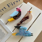 Three distinct acrylic resin bird brooches are artfully arranged on a white slatted surface, with a partially visible framed document in the background.