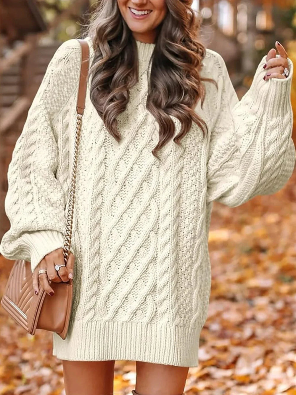 Chunky Cable Knit Tunic Sweater - TEVQA