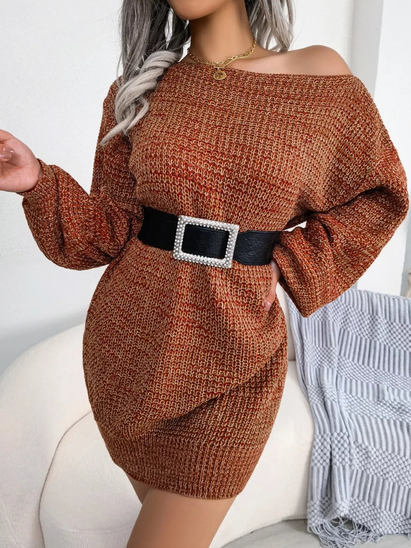 Green Marled Off-Shoulder Sweater Dress - View 13 | TEVQA