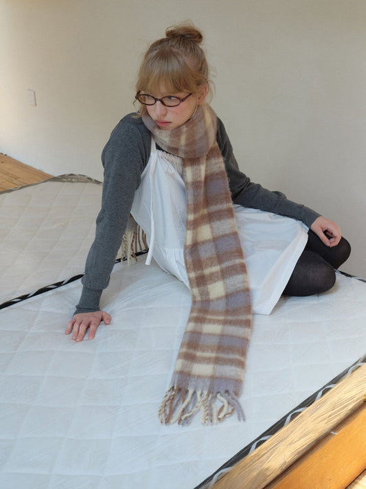 Extra Long Wool Blend Plaid Scarf with Fringe