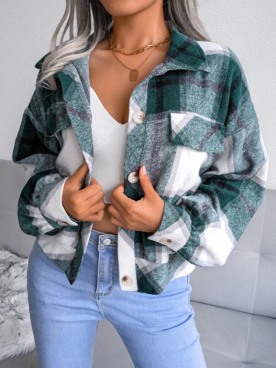 Plaid Wool Blend Lantern Sleeve Cropped Shacket