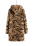 Back view of a hooded faux fur tiger print long coat.