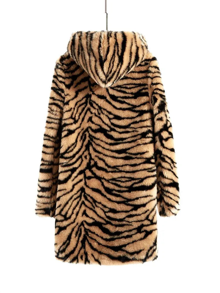 Back view of a hooded faux fur tiger print long coat.