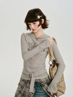 Vintage Rhinestone Hooded Knit Top Oatmeal Grey