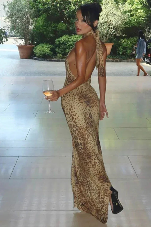 Leopard print maxi dress with halter neck - View 11 | TEVQA