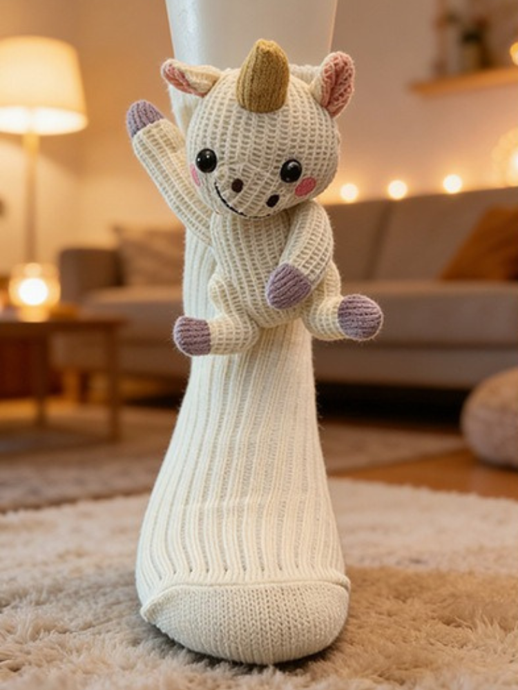 A white knit crew sock with a plush unicorn character attached, shown from the front with a blurred living room background.