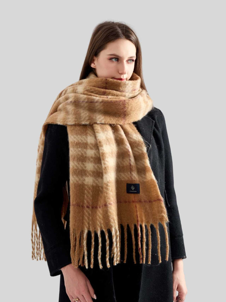 Women's Vintage Plaid Scarf Oversized Faux Mohair Bouclé Wrap with Fringe - Camel & Beige