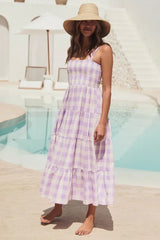 Yellow Gingham Midi Dress with Smocked Bodice - View 9 | TEVQA