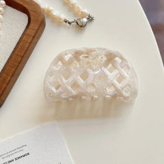 Large beige acetate hair claw clip with woven lattice design - View 6 | TEVQA