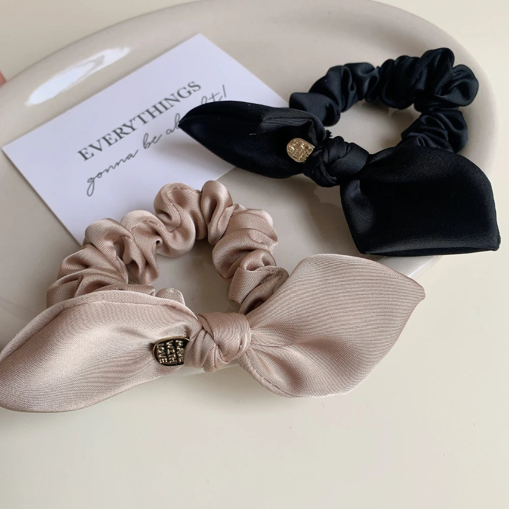 Elegant Satin Bow Hair Tie with Gold-Tone Charm