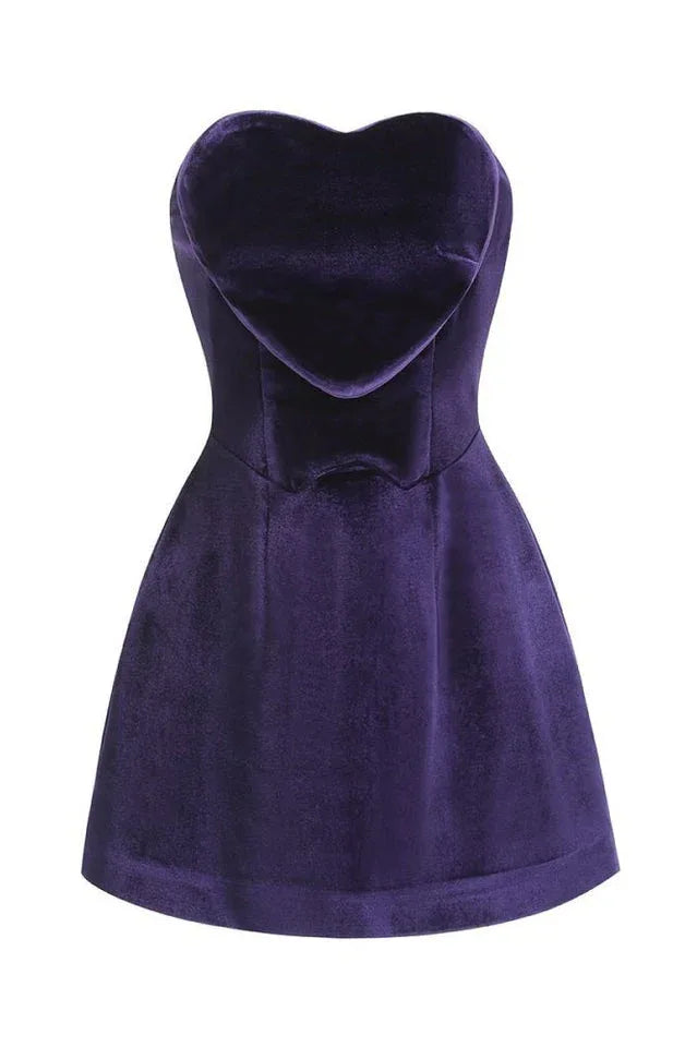 Purple velvet mini dress with heart neckline and long gloves - View 6 | TEVQA