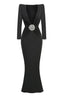 Black floor-length dress with a deep V-neck, long sleeves, and a jeweled embellishment at the waist.