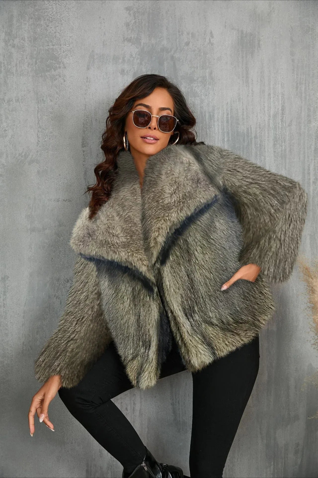 Luxe Sage Grey Faux Fox Fur Coat Secondary image