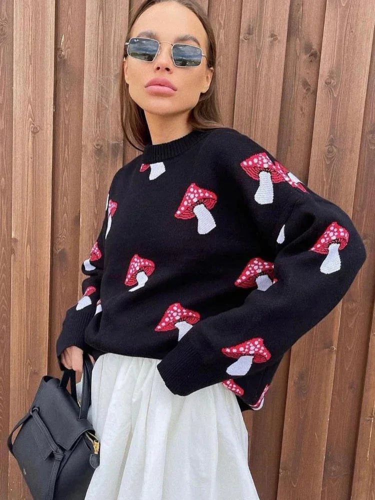 Whimsical Mushroom Oversized Crewneck Sweater - TEVQA