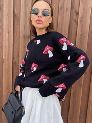 Whimsical Mushroom Oversized Crewneck Sweater - TEVQA