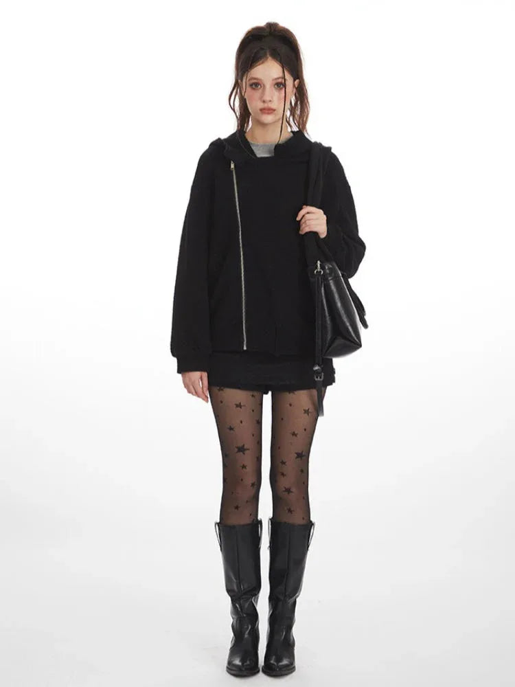 Y2K Grunge Asymmetrical Zipper Hoodie - TEVQA