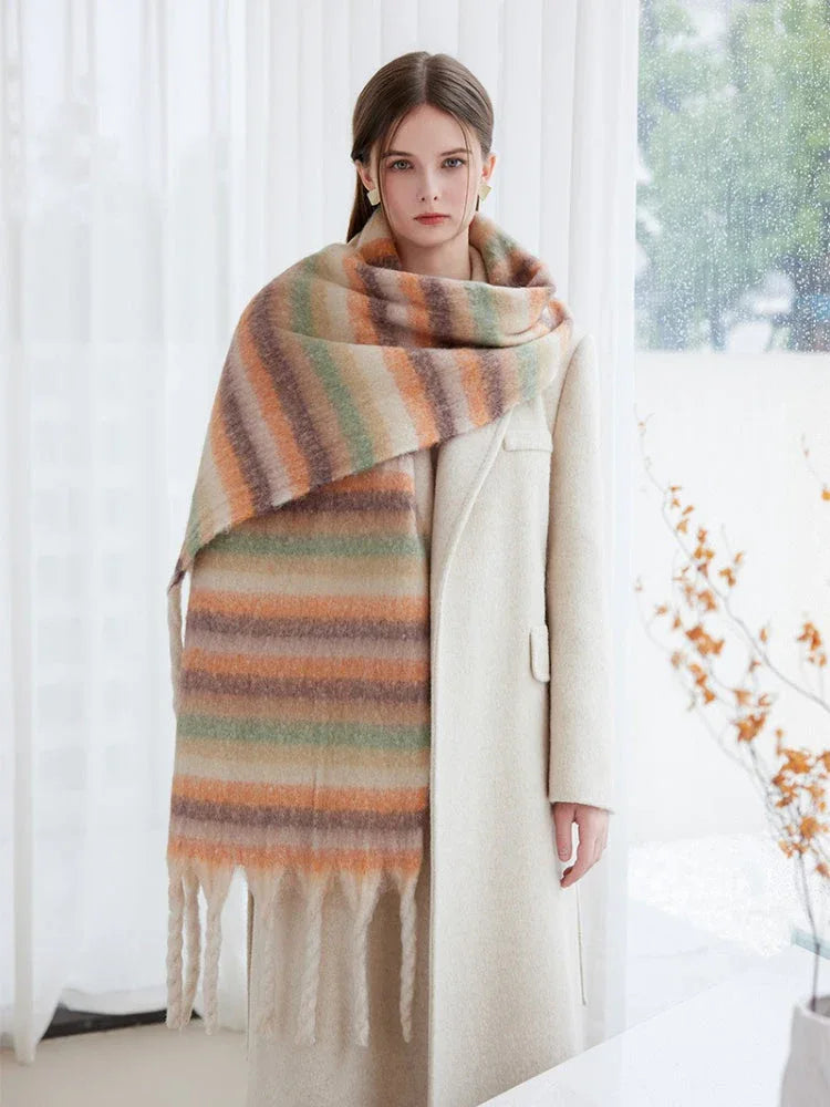 Oversized gradient stripe scarf with fuzzy knit texture - View 9 | TEVQA