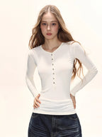 Women's Ribbed Knit Henley Long Sleeve Top Slim Fit